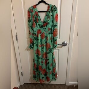 Anthropologie The Odetta Ruffled V-Neck Maxi Dress, Green and Red Floral, Size L